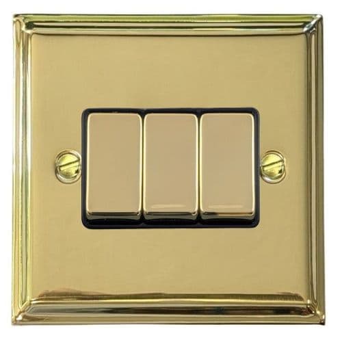 G&H DB303 Deco Plate Polished Brass 3 Gang 1 or 2 Way Rocker Light Switch