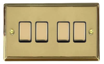 G&H DB304 Deco Plate Polished Brass 4 Gang 1 or 2 Way Rocker Light Switch