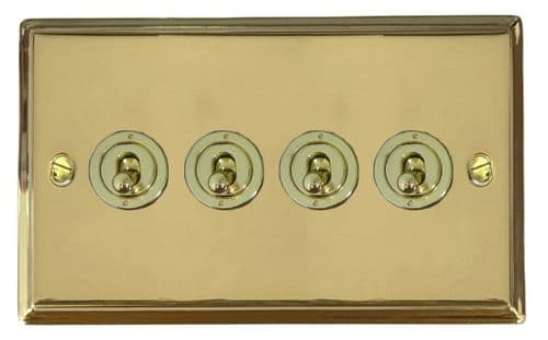 G&H DB384-PB Deco Plate Polished Brass 4 Gang 1 or 2 Way Toggle Light Switch