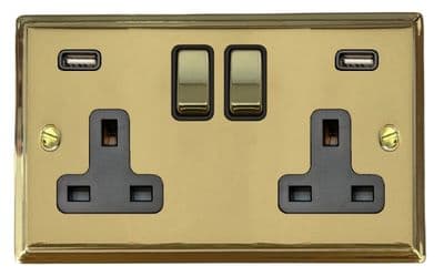 G&H DB3910 Deco Plate Polished Brass 2 Gang Double 13A Switched Plug Socket 2.1A USB