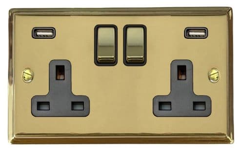 G&H DB3910 Deco Plate Polished Brass 2 Gang Double 13A Switched Plug Socket 2.1A USB