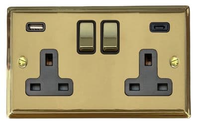 G&H DB3911 Deco Plate Polished Brass 2 Gang Double 13A Plug Socket 3.1A USB A + C