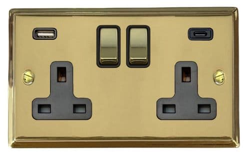 G&H DB3911 Deco Plate Polished Brass 2 Gang Double 13A Plug Socket 3.1A USB A + C