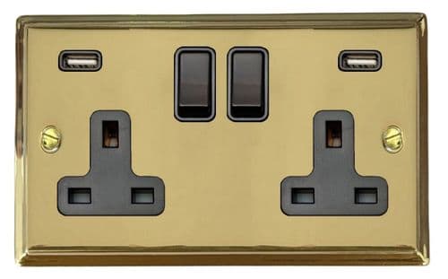 G&H DB910B Deco Plate Polished Brass 2 Gang Double 13A Switched Plug Socket 2.1A USB