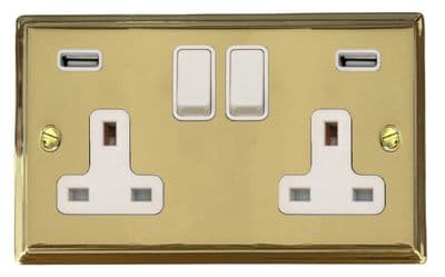 G&H DB910W Deco Plate Polished Brass 2 Gang Double 13A Switched Plug Socket 2.1A USB