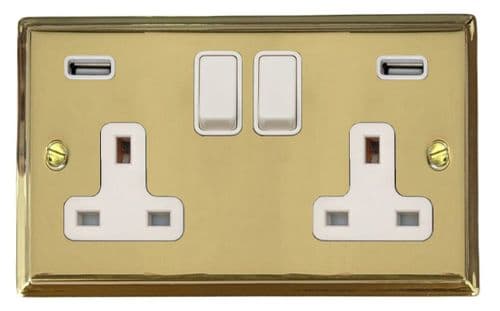G&H DB910W Deco Plate Polished Brass 2 Gang Double 13A Switched Plug Socket 2.1A USB