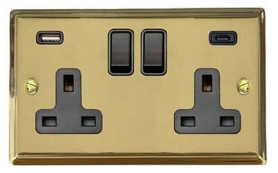 G&H DB911B Deco Plate Polished Brass 2 Gang Double 13A Plug Socket 3.1A USB A + C