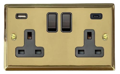 G&H DB911B Deco Plate Polished Brass 2 Gang Double 13A Plug Socket 3.1A USB A + C