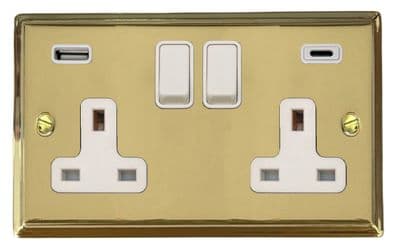 G&H DB911W Deco Plate Polished Brass 2 Gang Double 13A Plug Socket 3.1A USB A + C