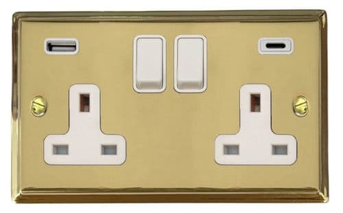 G&H DB911W Deco Plate Polished Brass 2 Gang Double 13A Plug Socket 3.1A USB A + C