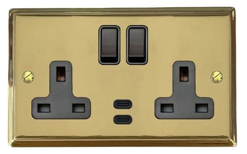 G&H DB913B Deco Plate Polished Brass 2 Gang Double 13A Plug Socket Dual 4.2A USB C
