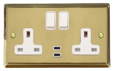 G&H DB913W Deco Plate Polished Brass 2 Gang Double 13A Plug Socket Dual 4.2A USB C