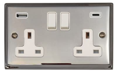 G&H DC911W Deco Plate Polished Chrome 2 Gang Double 13A Plug Socket USB A + C
