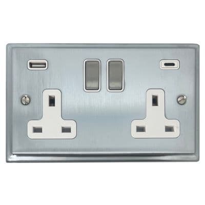 G&H DSC2911 Deco Plate Satin Chrome 2 Gang Double 13A Plug Socket 3.1A USB A + C