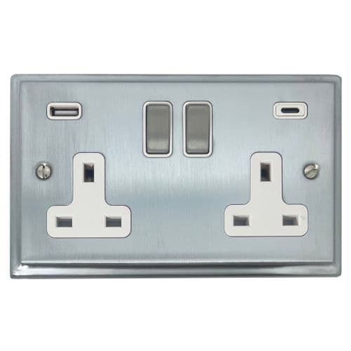 G&H DSC2911 Deco Plate Satin Chrome 2 Gang Double 13A Plug Socket 3.1A USB A + C