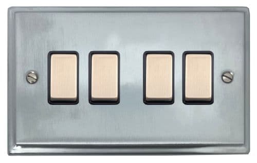 G&H DSC304 Deco Plate Satin Chrome 4 Gang 1 or 2 Way Rocker Light Switch