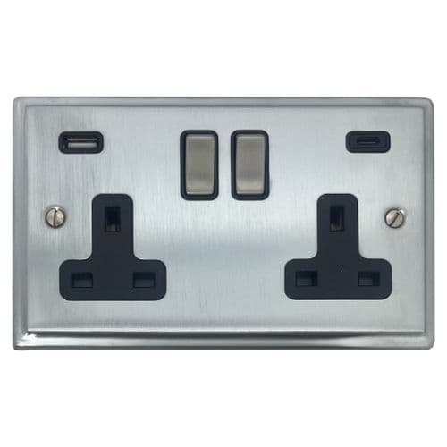 G&H DSC3911 Deco Plate Satin Chrome 2 Gang Double 13A Plug Socket 3.1A USB A + C