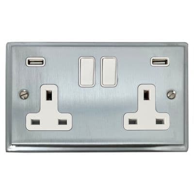 G&H DSC910W Deco Plate Satin Chrome 2 Gang Double 13A Switched Plug Socket USB