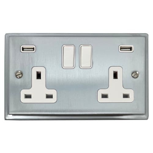 G&H DSC910W Deco Plate Satin Chrome 2 Gang Double 13A Switched Plug Socket USB