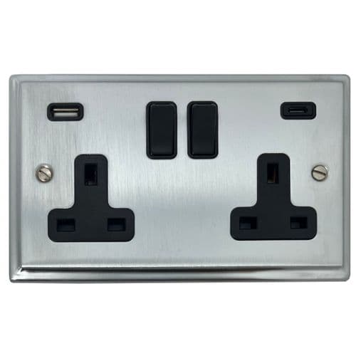G&H DSC911B Deco Plate Satin Chrome 2 Gang Double 13A Plug Socket USB A + C