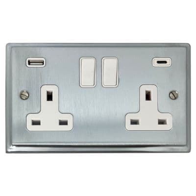 G&H DSC911W Deco Plate Satin Chrome 2 Gang Double 13A Plug Socket USB A + C