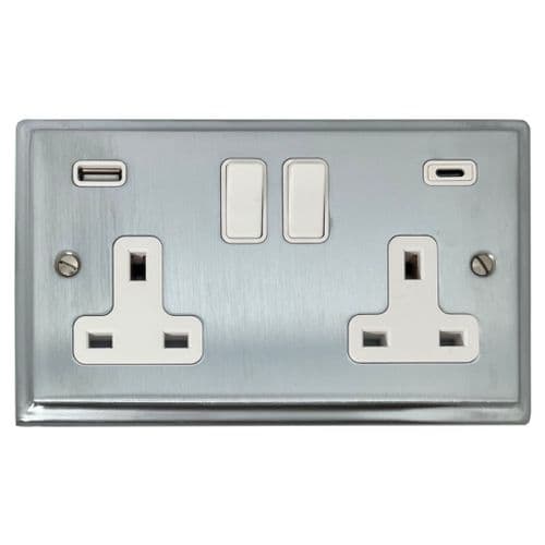 G&H DSC911W Deco Plate Satin Chrome 2 Gang Double 13A Plug Socket USB A + C