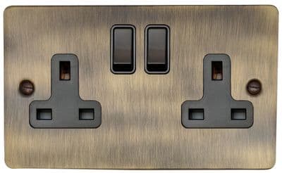 G&H FAB10B Flat Plate Antique Brass 2 Gang Double 13A Switched Plug Socket