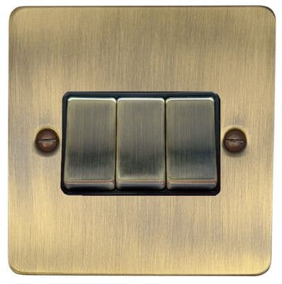 G&H FAB303 Flat Plate Antique Brass 3 Gang 1 or 2 Way Rocker Light Switch