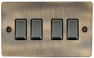 G&H FAB304 Flat Plate Antique Brass 4 Gang 1 or 2 Way Rocker Light Switch