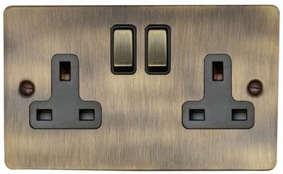 G&H FAB310 Flat Plate Antique Brass 2 Gang Double 13A Switched Plug Socket