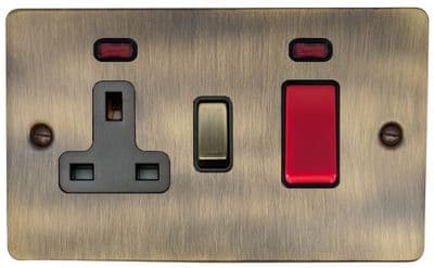 G&H FAB329 Flat Plate Antique Brass 45 Amp DP Cooker Switch & 13A Switched Socket