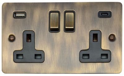 G&H FAB3911 Flat Plate Antique Brass 2 Gang Double 13A Plug Socket 3.1A USB A + C