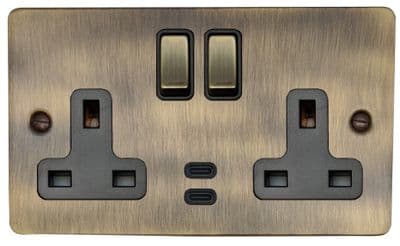 G&H FAB3913 Flat Plate Antique Brass 2 Gang Double 13A Plug Socket Dual 4.2A USB C
