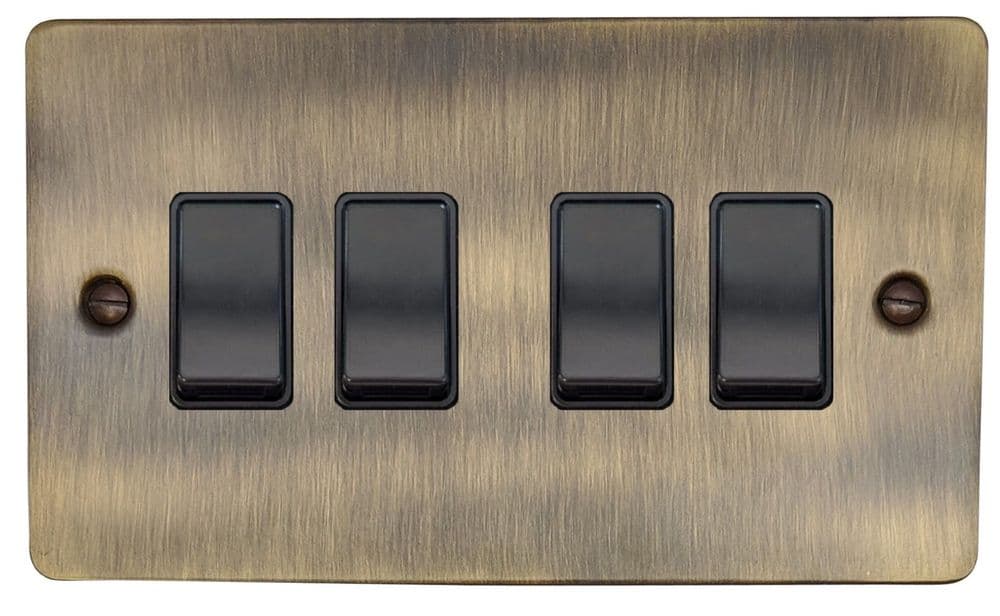 G&H FAB4B Flat Plate Antique Brass 4 Gang 1 or 2 Way Rocker Light Switch