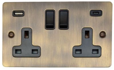 G&H FAB911B Flat Plate Antique Brass 2 Gang Double 13A Plug Socket 3.1A USB A + C