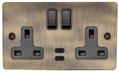 G&H FAB913B Flat Plate Antique Brass 2 Gang Double 13A Plug Socket Dual 4.2A USB C