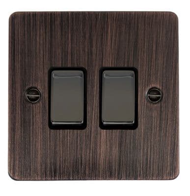G&H FAC302 Flat Plate Antique Copper 2 Gang 1 or 2 Way Rocker Light Switch
