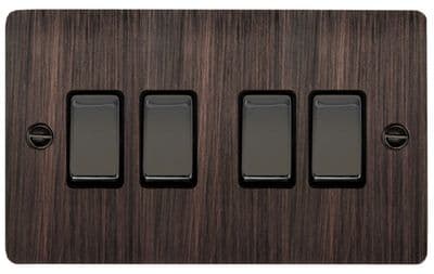 G&H FAC304 Flat Plate Antique Copper 4 Gang 1 or 2 Way Rocker Light Switch