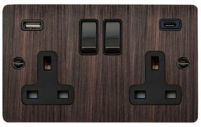 G&H FAC3911 Flat Plate Antique Copper 2 Gang Double 13A Plug Socket 3.1A USB A + C