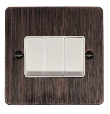 G&H FAC3W Flat Plate Antique Copper 3 Gang 1 or 2 Way Rocker Light Switch