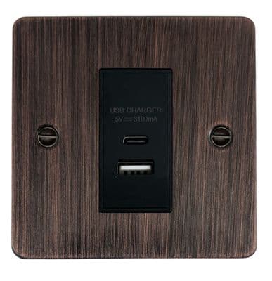 G&H FAC41B Flat Plate Antique Copper 1 Gang USB Charger 3.1A Dual USB A + C