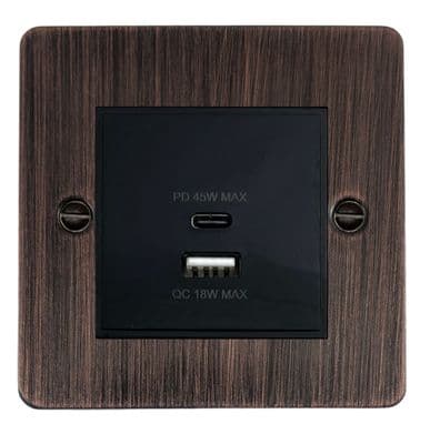 G&H FAC43B Flat Plate Antique Copper 1 Gang USB Quick Charge 45W Dual USB A + C