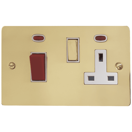 G&H FB229 Flat Plate Polished Brass 45 Amp DP Cooker Switch & 13A Switched Socket