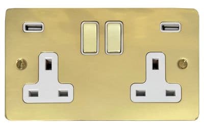 G&H FB2910 Flat Plate Polished Brass 2 Gang Double Switched Plug Socket 2.1A USB