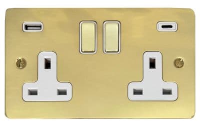 G&H FB2911 Flat Plate Polished Brass 2 Gang Double Plug Socket 3.1A USB A + C