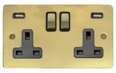 G&H FB3910 Flat Plate Polished Brass 2 Gang Double Switched Plug Socket 2.1A USB