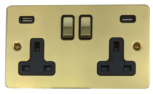G&H FB3910 Flat Plate Polished Brass 2 Gang Double Switched Plug Socket 2.1A USB