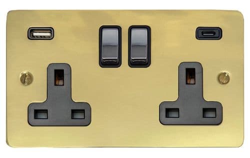 G&H FB3911 Flat Plate Polished Brass 2 Gang Double Plug Socket 3.1A USB A + C