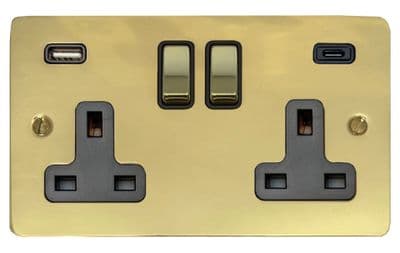 G&H FB3911 Flat Plate Polished Brass 2 Gang Double Plug Socket 3.1A USB A + C