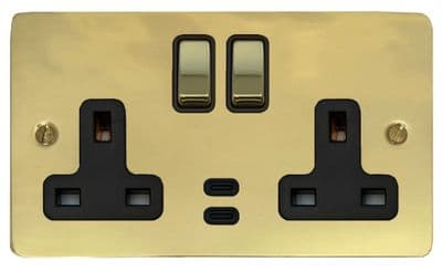 G&H FB3913 Flat Plate Polished Brass 2 Gang Double Plug Socket Dual 4.2A USB C